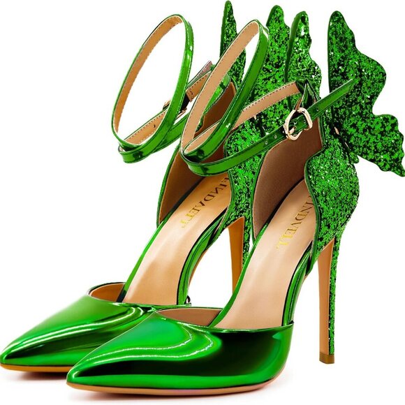Women’s Green Faux Leather High Heels 4.5in Stiletto Butterfly Ankle Strap - Picture 3 of 5